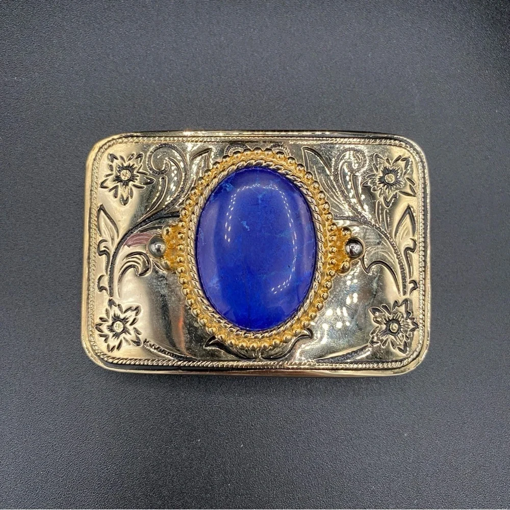 USA Made Belt Buckle Gold Plated with Lapis Lazuli and Southwest Floral Design